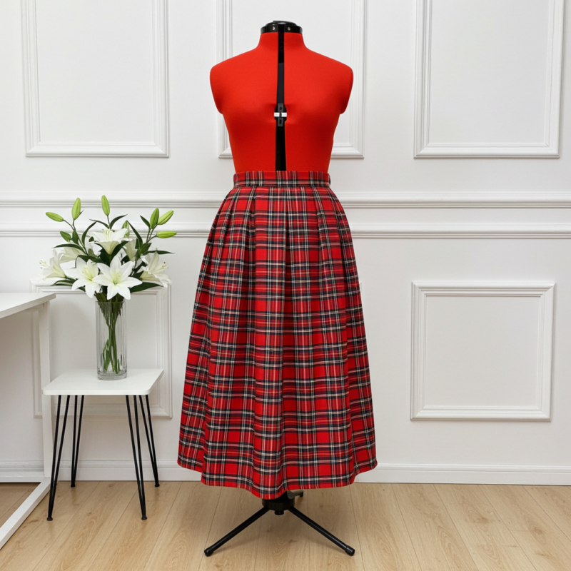 fustă din stofă carouri tartan roșie